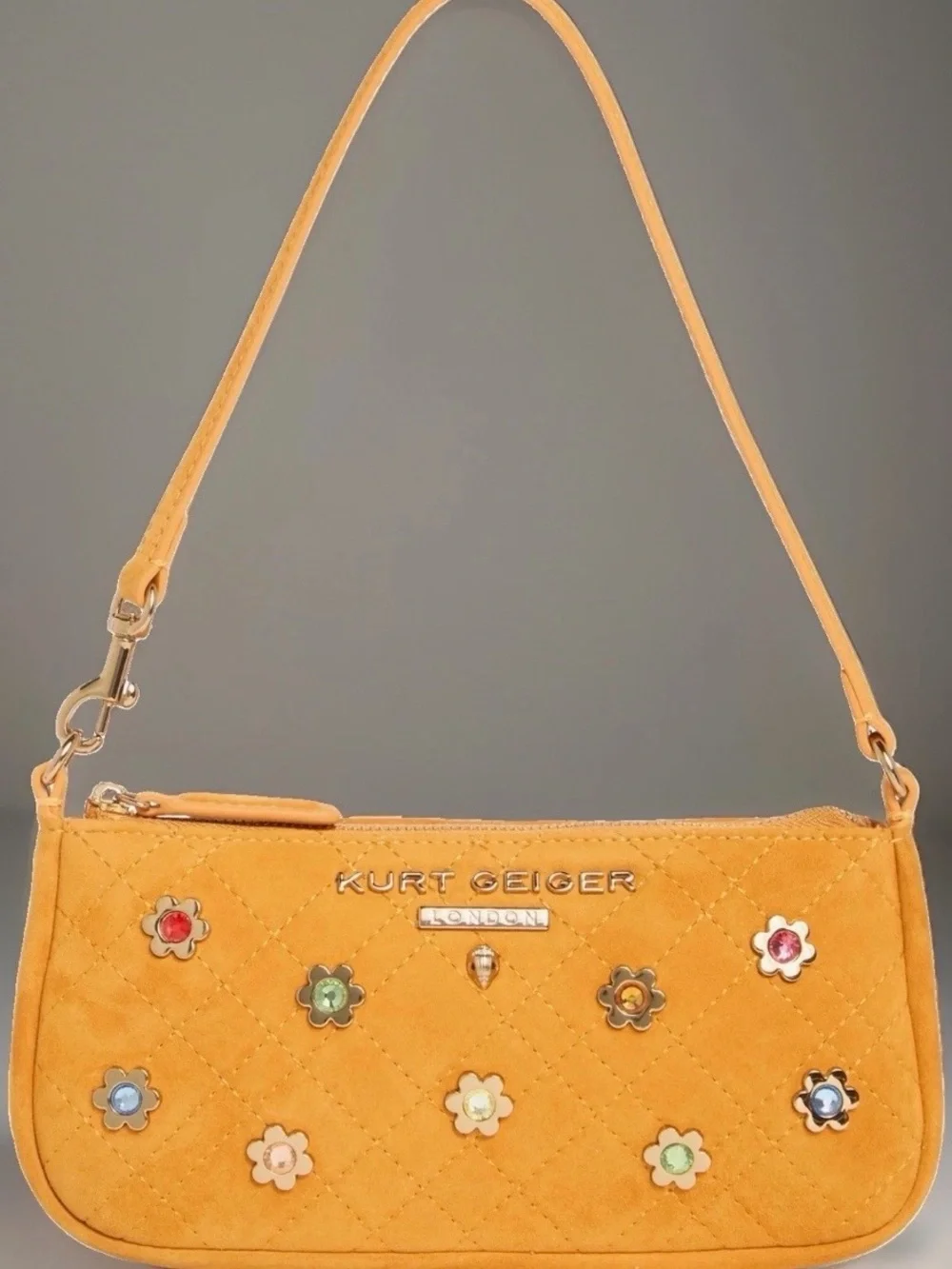 Kurt Geiger Yellow Quilted Suede Shoulder Bag with Floral Studs
